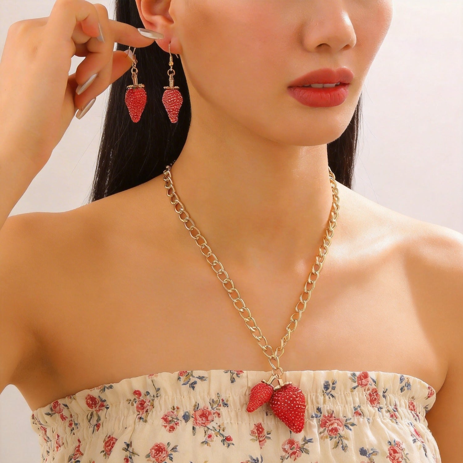 Sweet Strawberry Pendant Necklace Women Cute Exaggerated Fruit Earrings