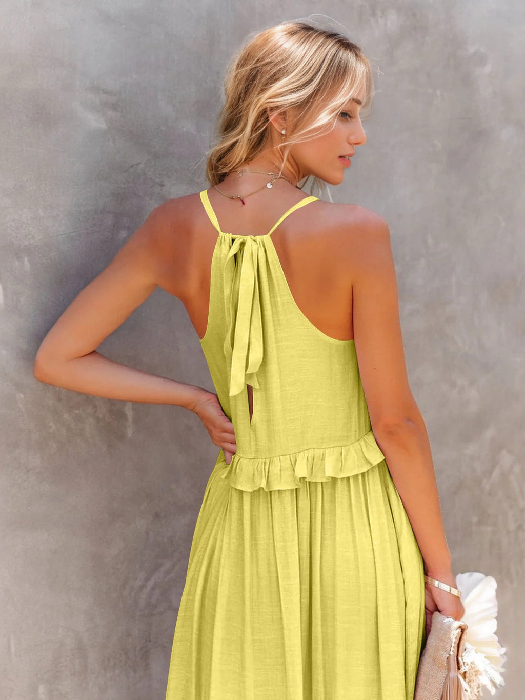 Romantic Ruffled Sleeveless Tiered Maxi Dress with Pockets Elegant & Chic Statement Beautiful Design Dress
