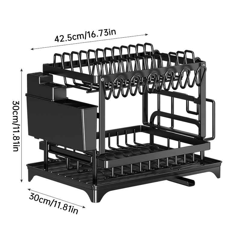 2-Tier Large Capacity Dish Drying Rack, Rustproof Carbon Steel Kitchen Sink Drainer with Cutting Board & Utensil Holder