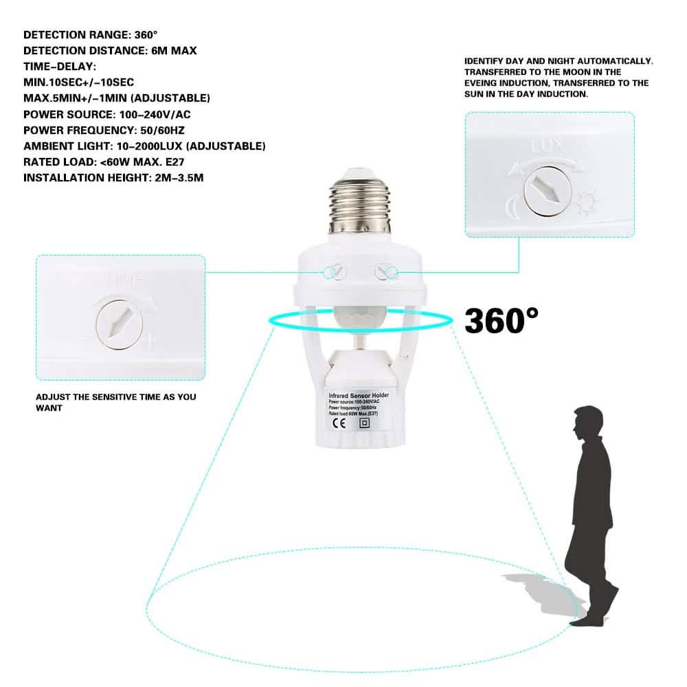 360 Degree Detection PIR Infrared Motion Sensor E27 LED Light