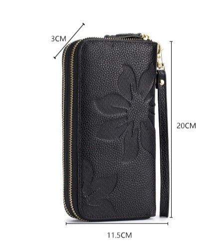 Women's Leather Double Zipper Wallet - Solid Color Large Capacity Long Phone Wallet from First-Layer Cowhide