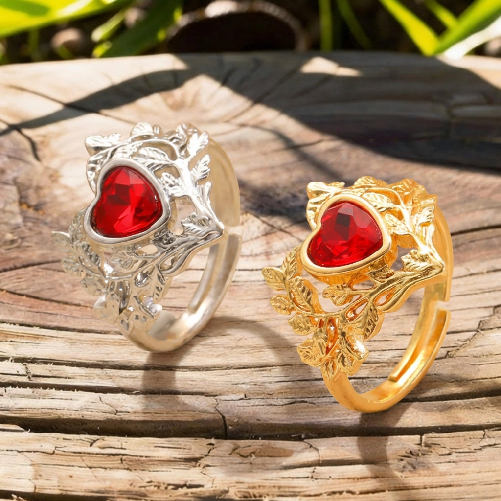 Hollow Leaf Red Heart Gemstone Ring Niche Unique Open Band Index Finger Ring