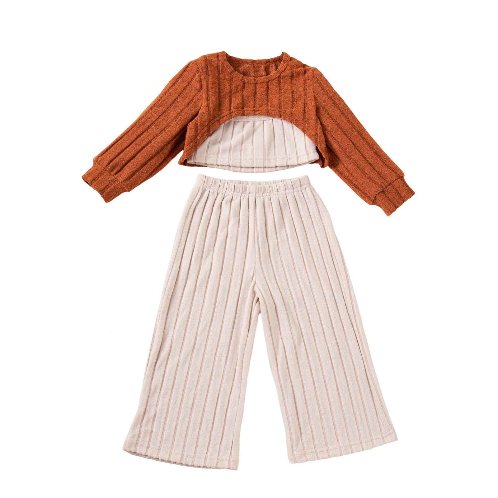 Chic Fashion Girls' 3-Piece Set Knit Long Sleeve Top, Strapless Vest, Wide-Leg Pants