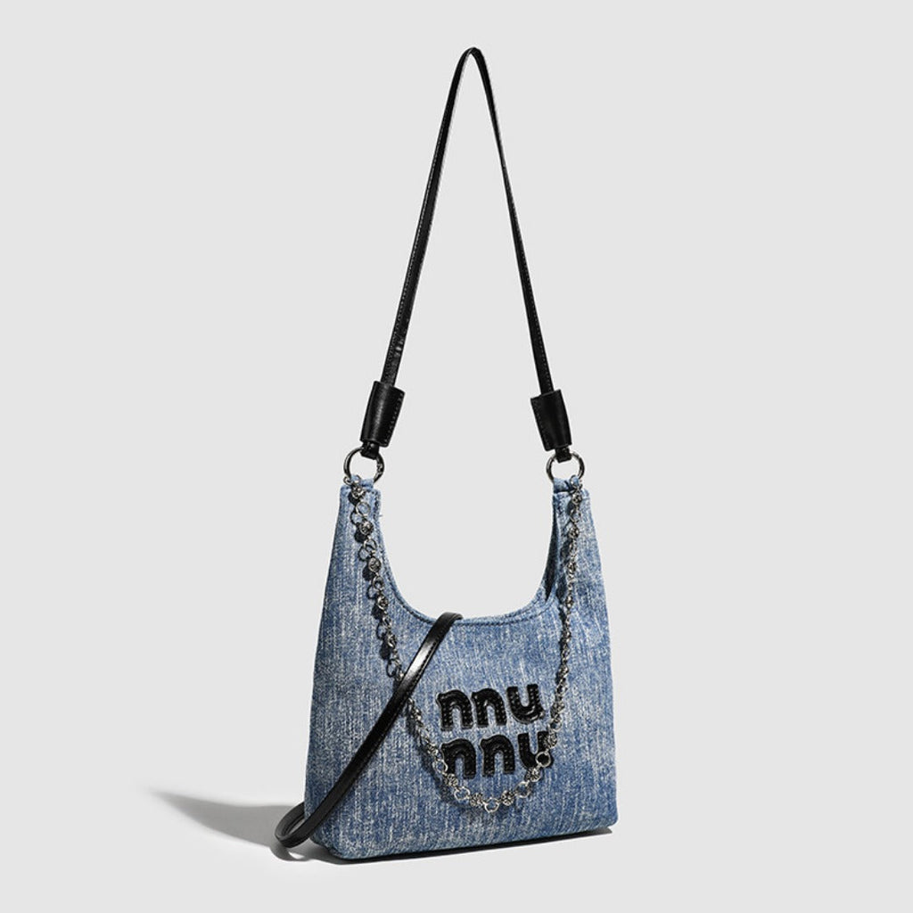 Simple retro small bucket bag, Versatile denim shoulder bag, Chain bag Crossbody bag, slouch hobo purse