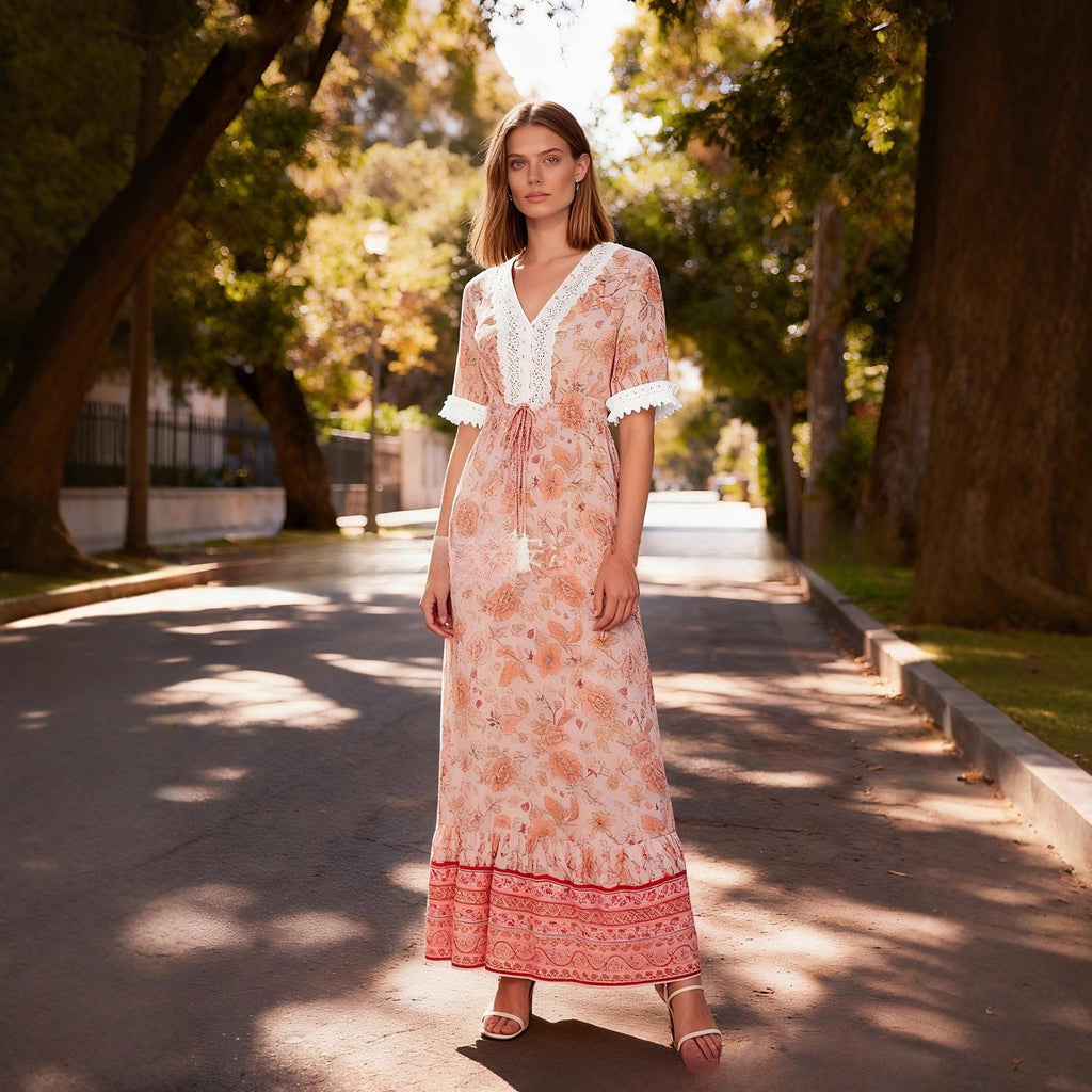 Women's Short Sleeve Elastic Waist Fringe Lace Trim Bohemian Dress Vacation Beach Dress