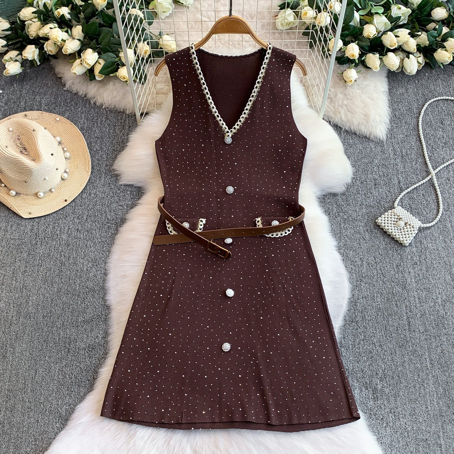 Vintage V-Needle Knit Tank Dress – Embellished Diamante Slim Fit Maxi, Layering Sweater Vest
