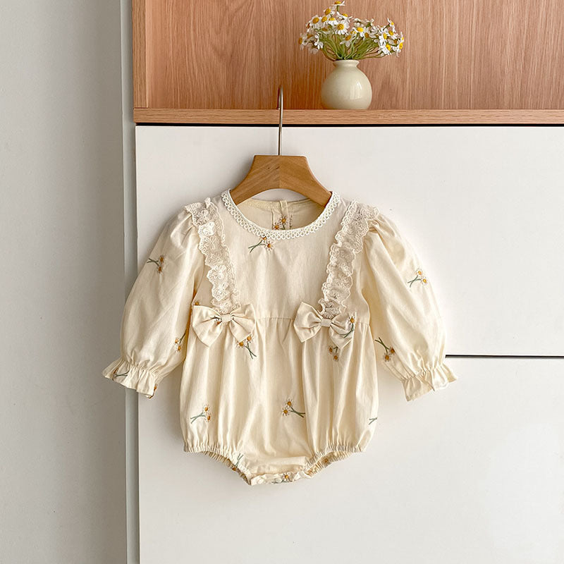 Baby Bodysuit With Long Sleeves Bow And Embroidery