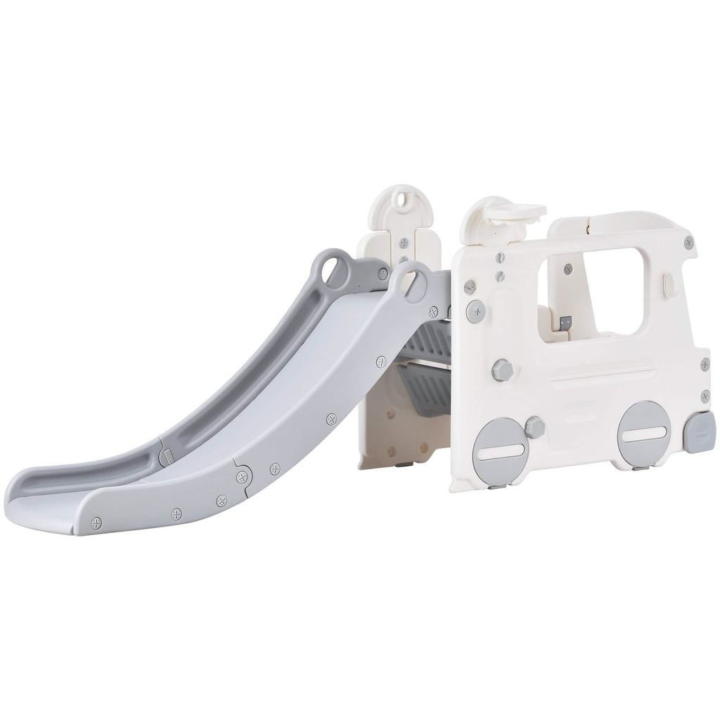 4-in-1 Slide with Bus Climber Slide Set with Basketball Hoop Indoor and Outdoor