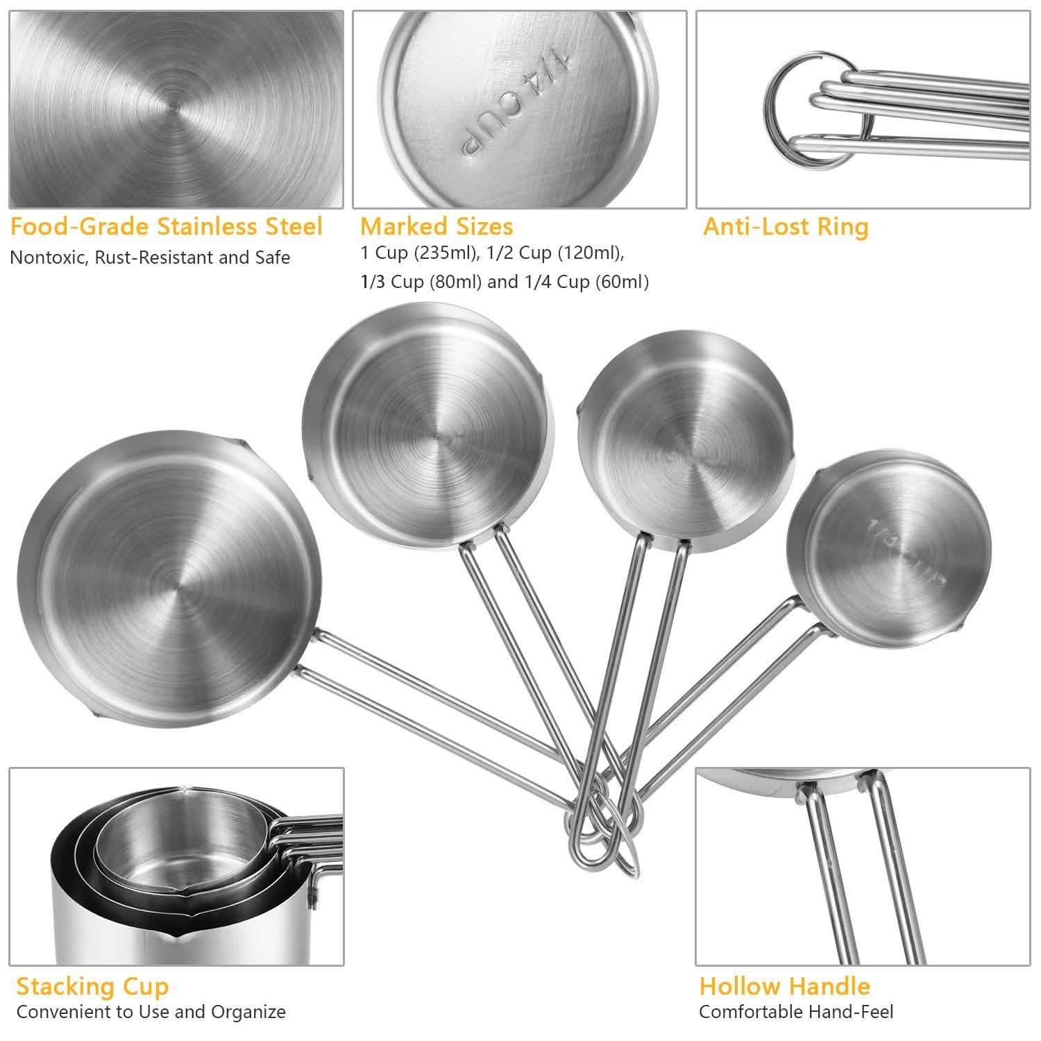 4-Piece: Stainless Steel Measuring Cups Stackable Kitchen Spoons Set