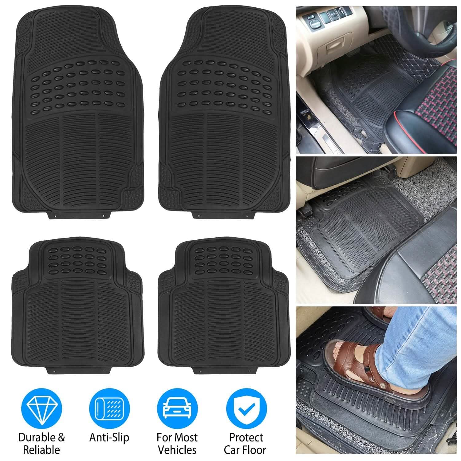 4-Pieces: Heavy Duty PVC Rubber Automotive Floor Mats with Trimmable Design