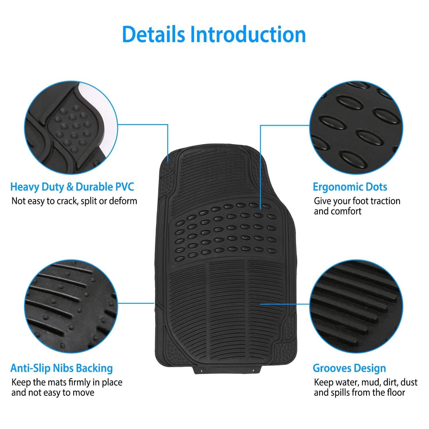 4-Pieces: Heavy Duty PVC Rubber Automotive Floor Mats with Trimmable Design