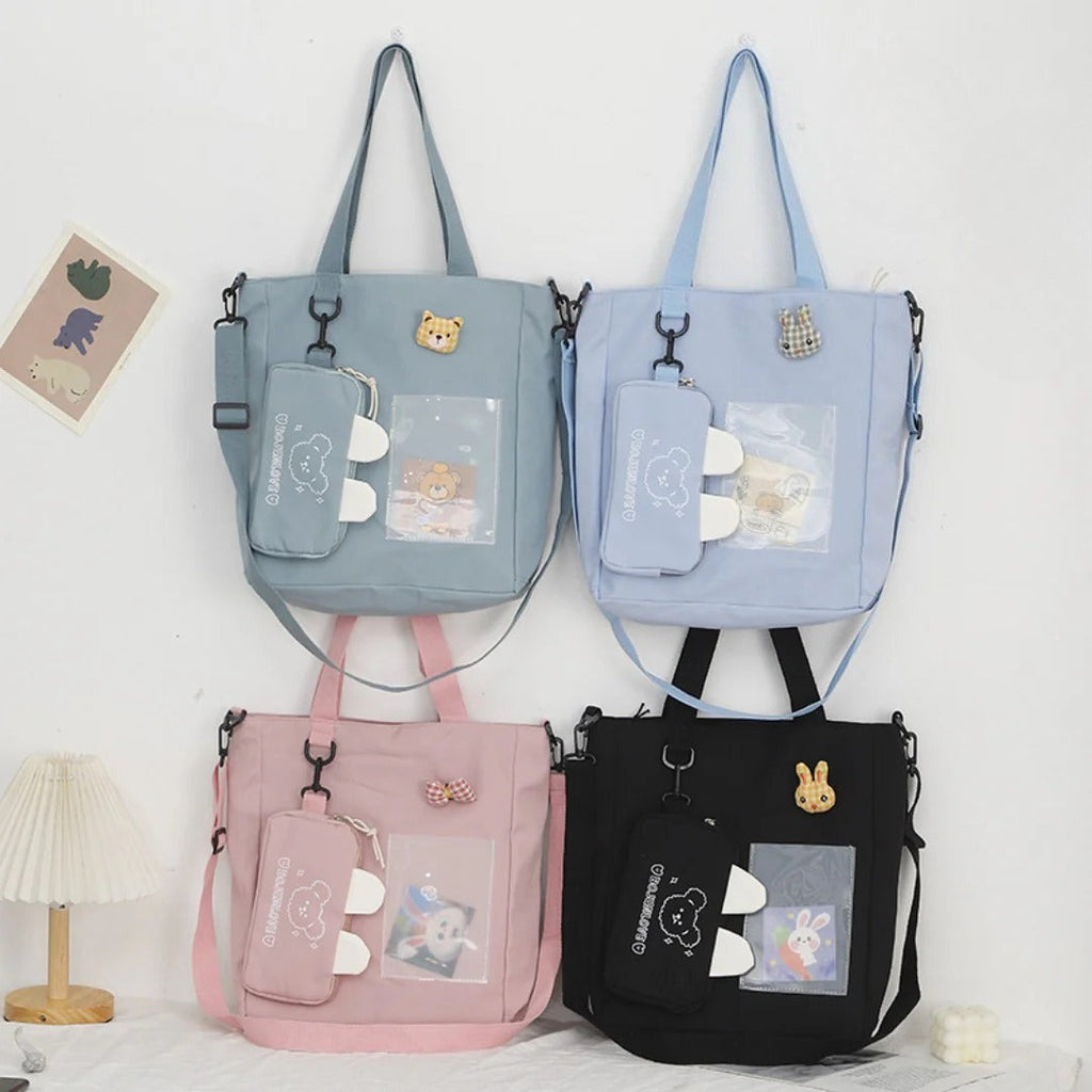 Cartoon canvas bag cute, bunny pendant tote bag, self-contained small bag student shoulder bag