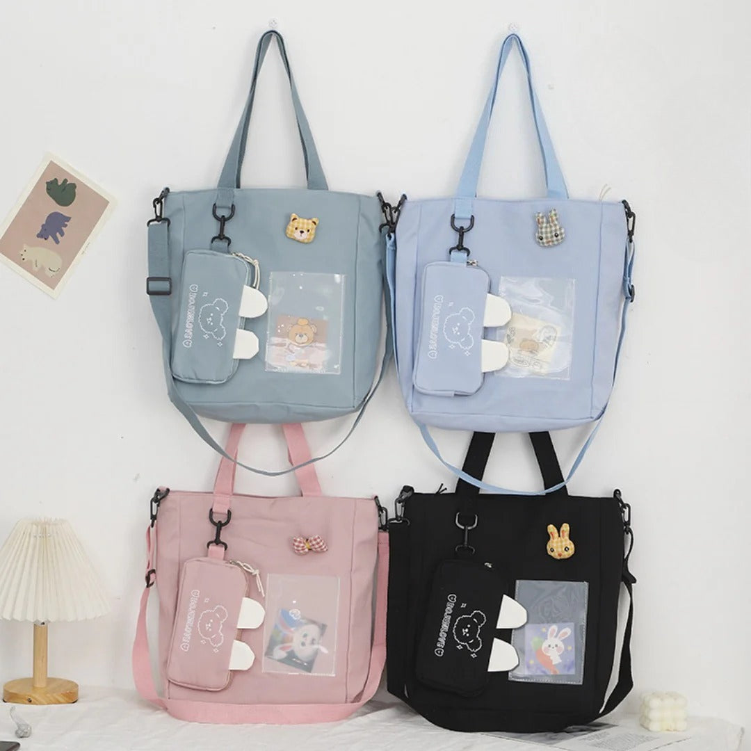 Cartoon canvas bag cute, bunny pendant tote bag, self-contained small bag student shoulder bag