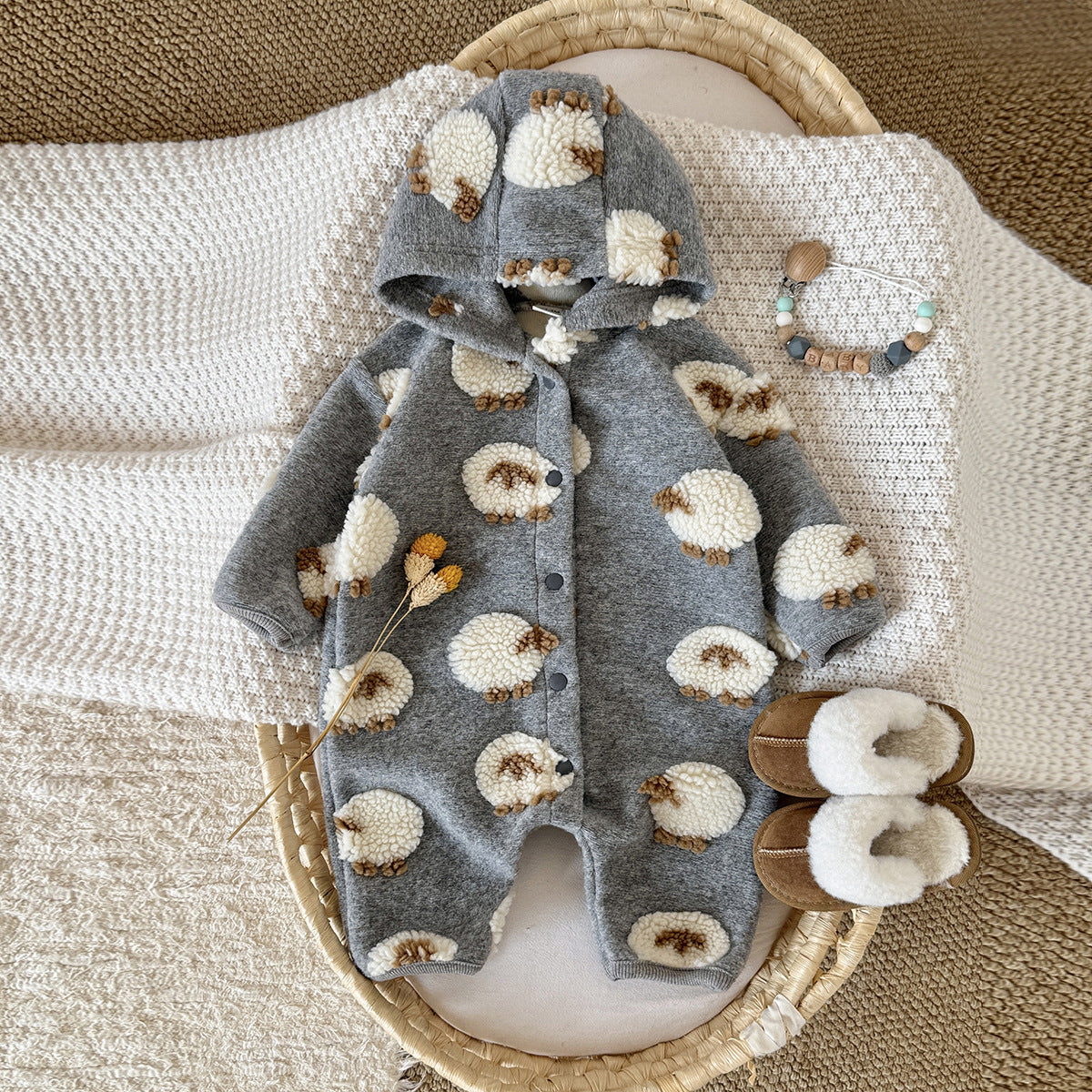 Gray Hooded Lambskin Romper For Babies And Toddlers