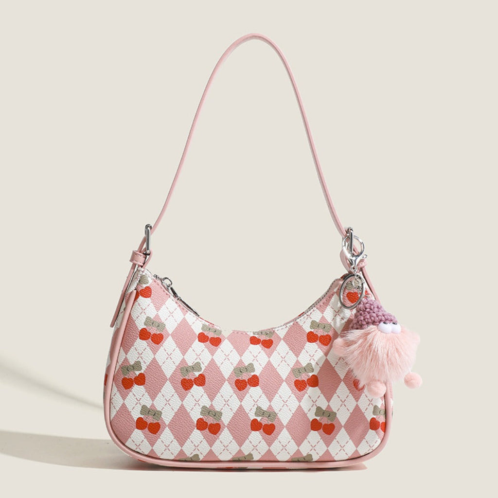 Small versatile shoulder bag, cute cherry pattern shoulder bag, top handle bag, crescent bag  hobo