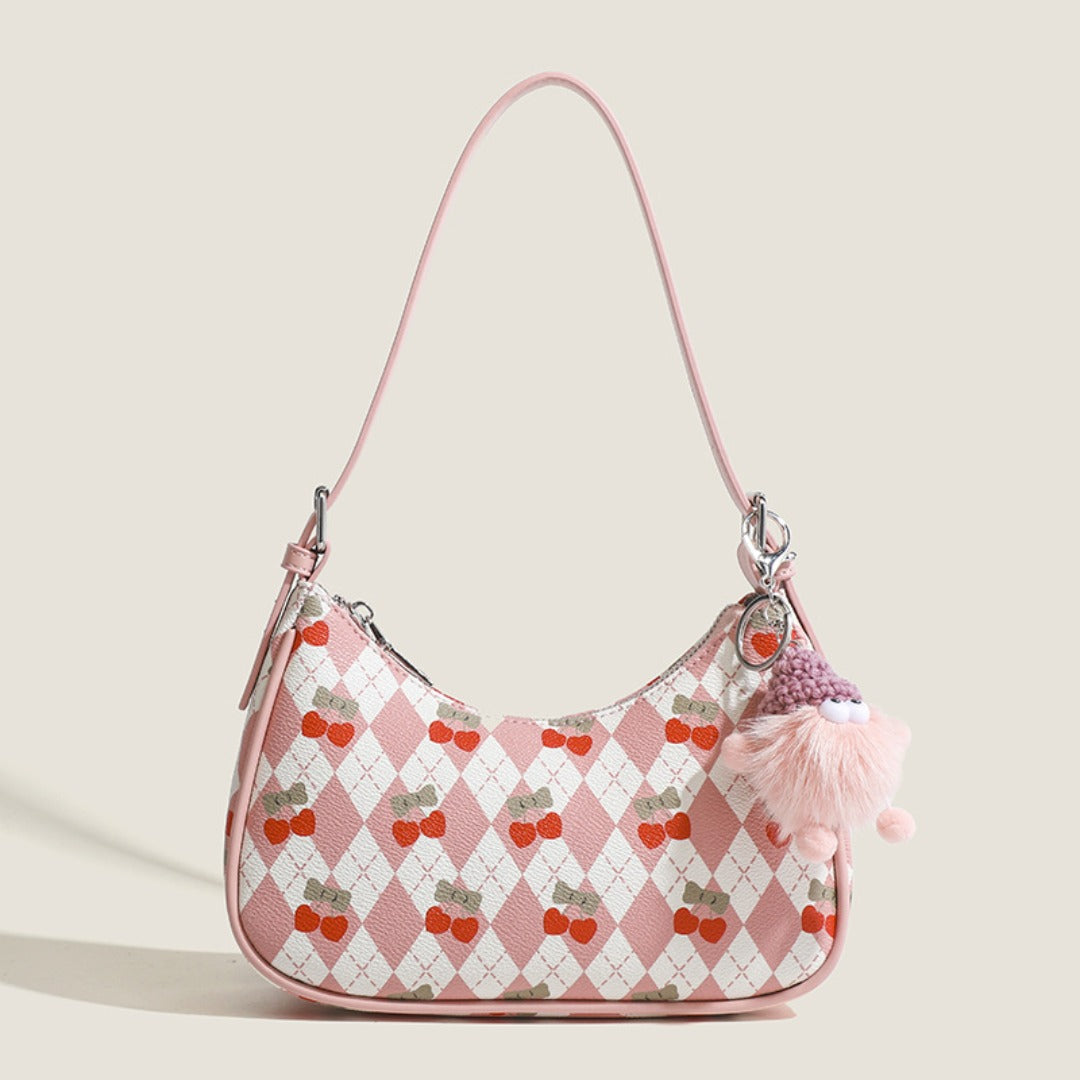 Small versatile shoulder bag, cute cherry pattern shoulder bag, top handle bag, crescent bag  hobo