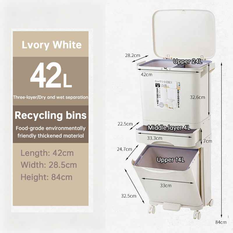 42L Kitchen Trash Can 3 Compartments with Pedal & Wheels, Recycling Bin