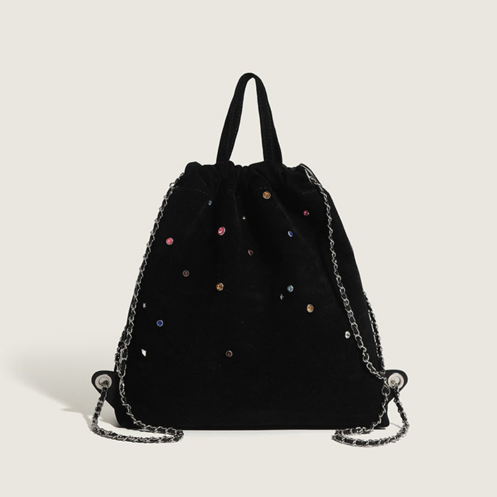 Women's bag matte suede backpack purse, splicing colored gemstone chain backpack, drawstring portable backpack