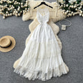White Lace Halter Beach Dress – Spring-Summer Open-Back Tiered Cake Maxi, Vacation Bridal Sundress
