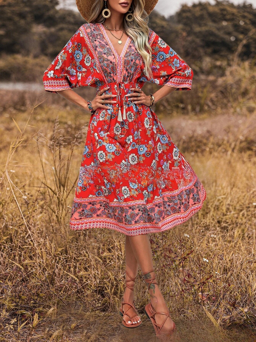 Women's Bohemian Dress Printed Vacation Beach Midi Dress