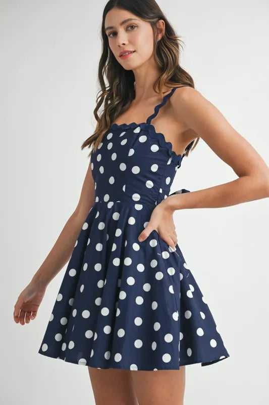 Polka Dot Mini Dress with Ricrac Trim Strap For Women – Playful Polka Dot Design, Unique Ricrac Trim, Fluttering, Chic Mini Dress for Casual or Summer Events