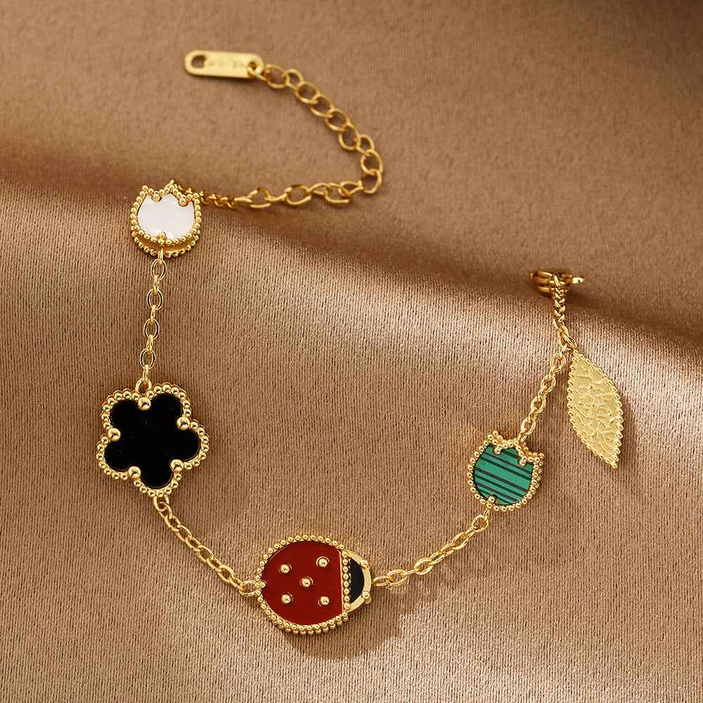 Romantic Cherry Blossom Seven Star Ladybug Bracelet Double sided Fritillaria Five Flower Bracelet