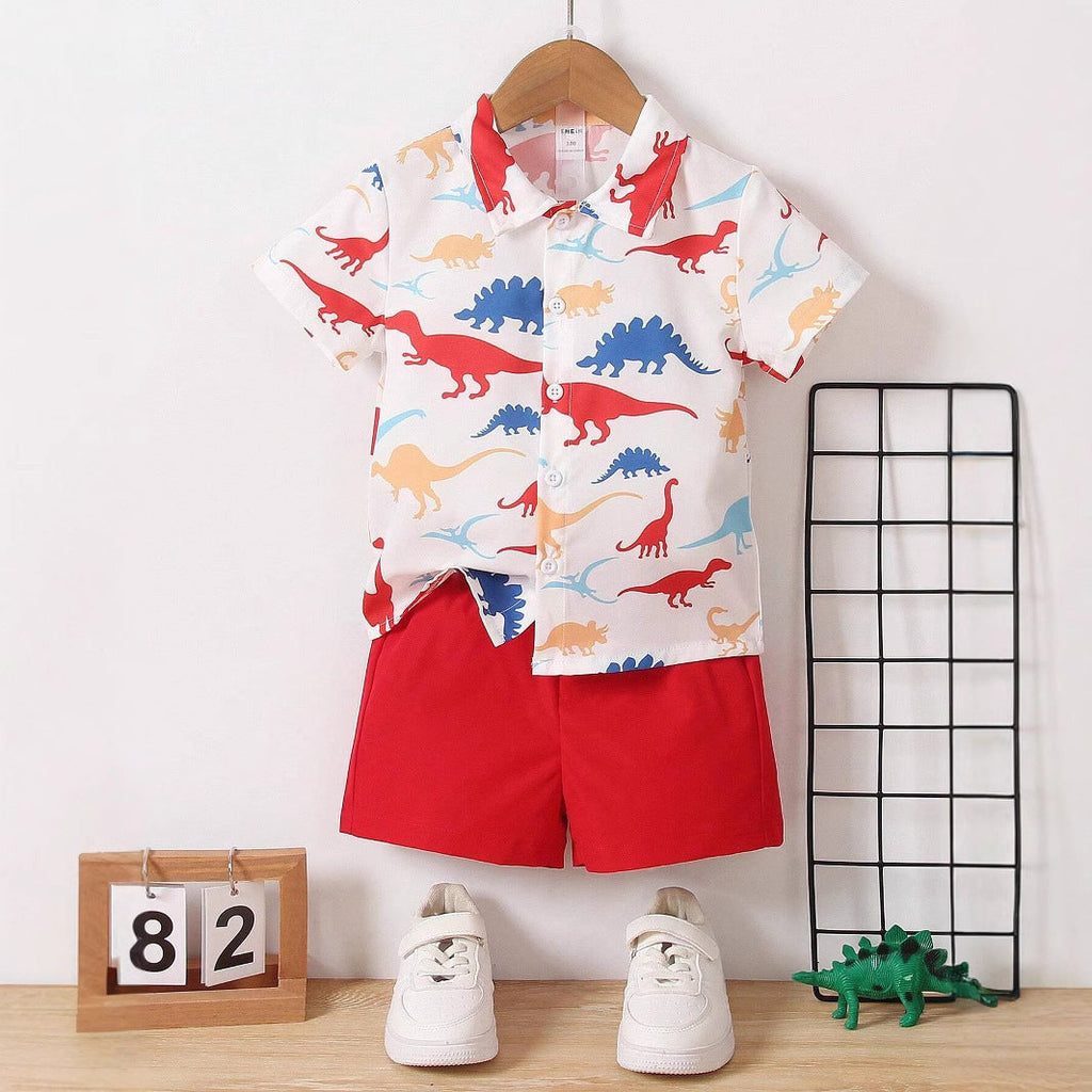Baby Short Sleeve Shorts Cardigan Two-piece Set Animal Dinosaur Print