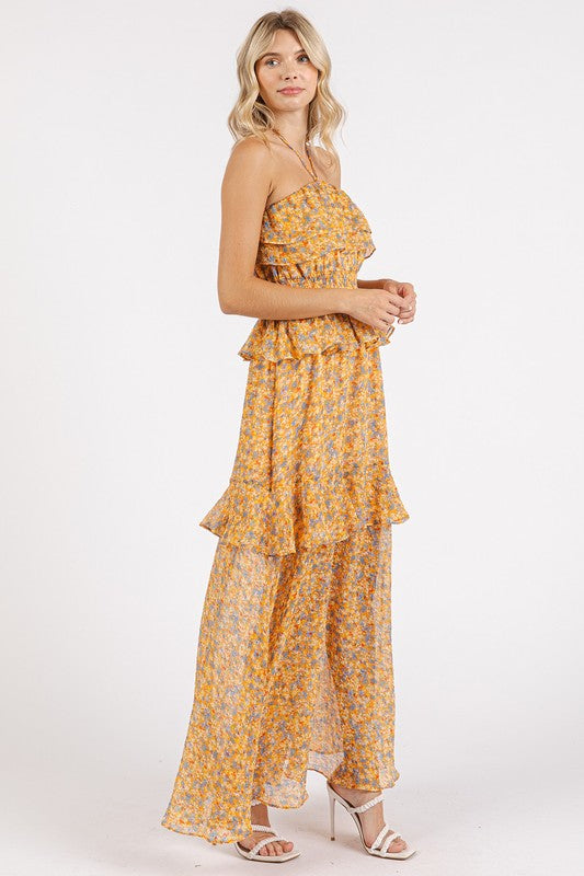 Ruffled Smocked Floral Halter Neck Maxi Dress – Elegant and Feminine Floral Maxi Dress with Smocked Waist and Ruffled Detailing