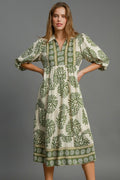 Matcha Green Full Size Print Midi Dress Plus Size Boho Chic Dress Lightweight Women Dress