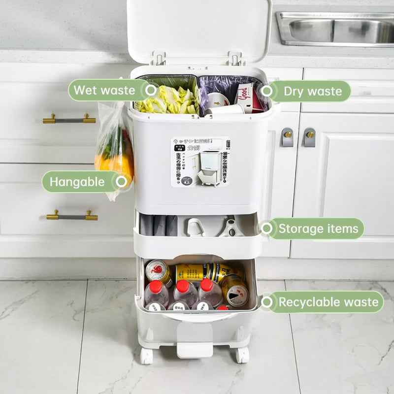 42L Kitchen Trash Can 3 Compartments with Pedal & Wheels, Recycling Bin