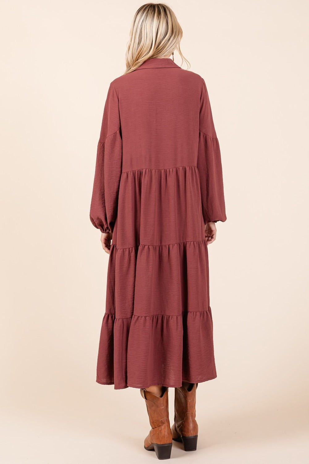 Tiered Button Down Long Sleeve Midi Dress For Women – Button Down Midi Dress, Long Sleeve Tiered Dress, Feminine Midi Dress, Button Front Dress, Elegant Long Sleeve Dress