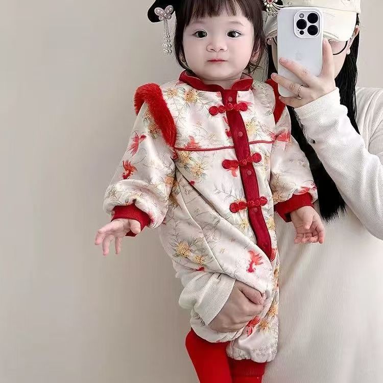 Red Festive Warm Childrens Cotton Padded Jumpsuit