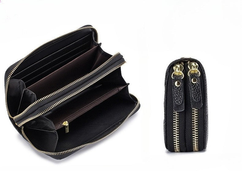 Women's Leather Double Zipper Wallet - Solid Color Large Capacity Long Phone Wallet from First-Layer Cowhide
