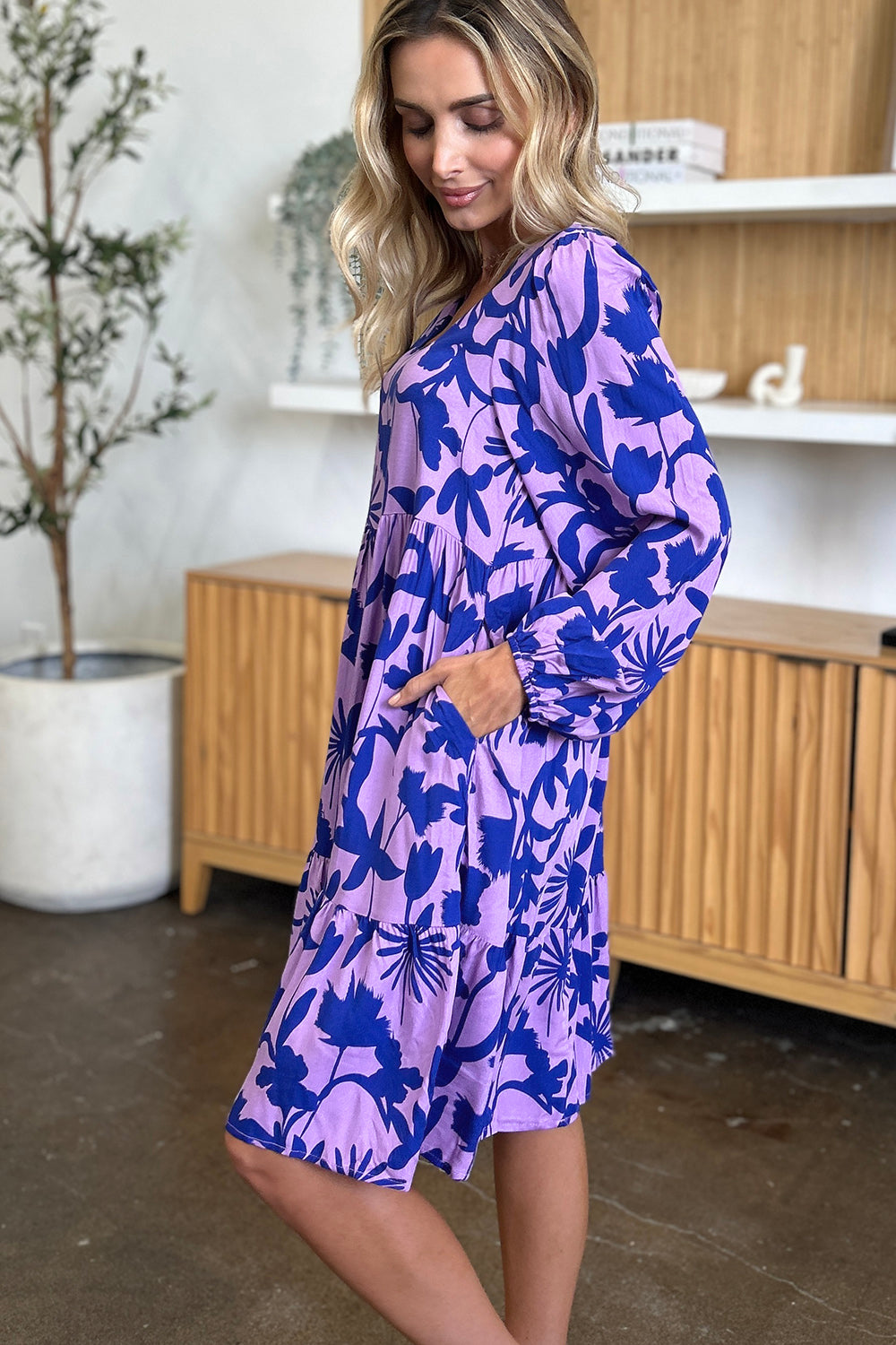 Double Take Full Size Printed Ruffle Hem Dress with Pocket Stylish & Functional Women Dress