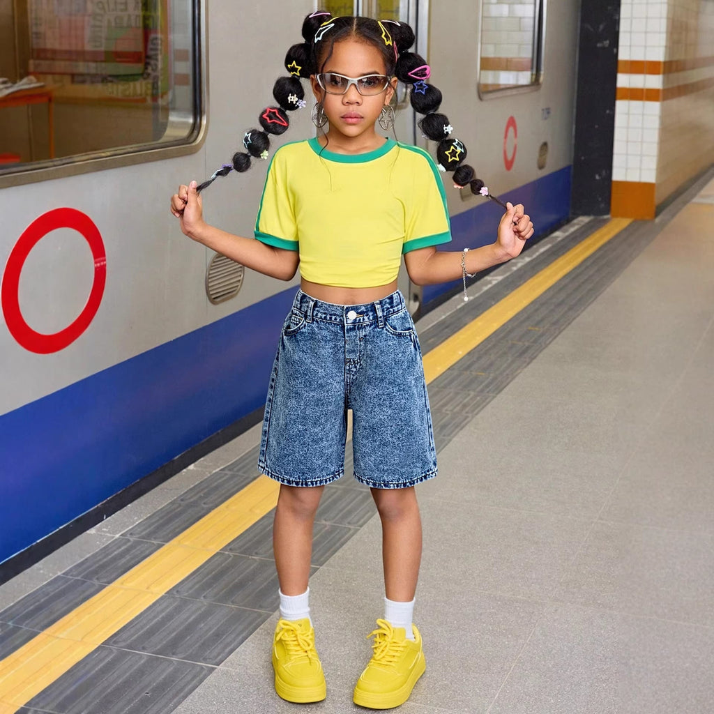 Washed Denim Mid-length Pants Girls Denim Shorts