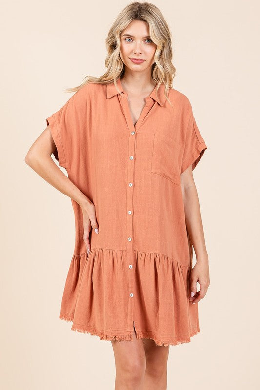 Linen Blend Button Down Shirt Mini Dress For Women – Casual, Classic Button-Down Design with Raw Hem and Tiered Detail