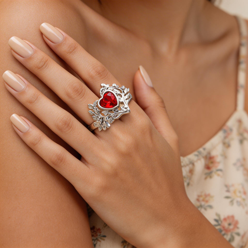 Hollow Leaf Red Heart Gemstone Ring Niche Unique Open Band Index Finger Ring