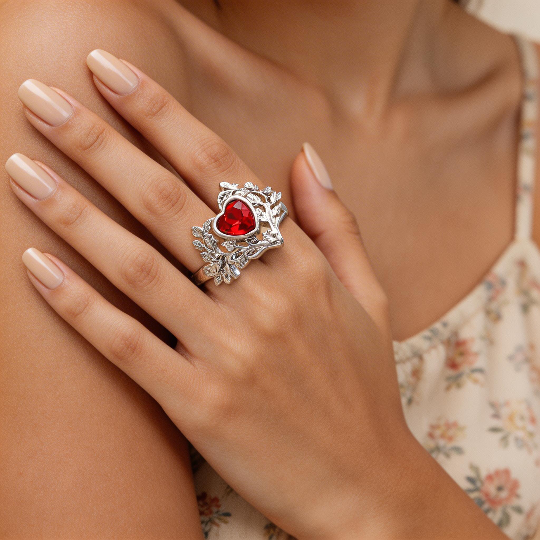 Hollow Leaf Red Heart Gemstone Ring Niche Unique Open Band Index Finger Ring