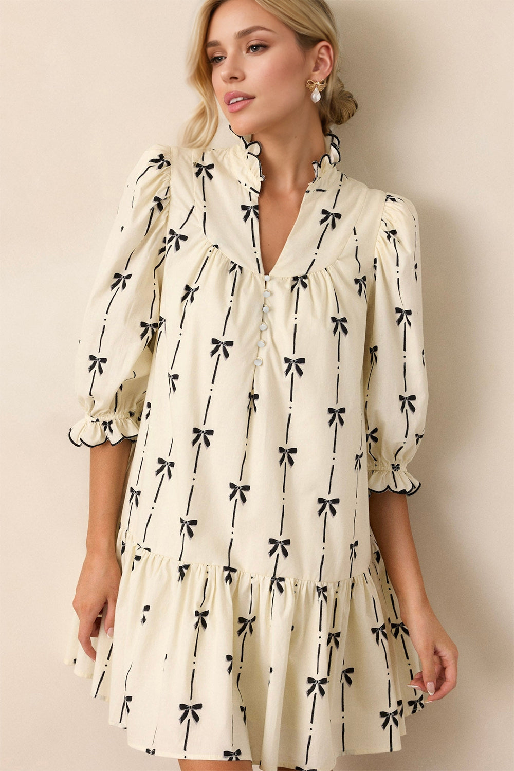 Cute Summer Full Size Frill Bow Print Half Sleeve Mini Dress Elegant & Trendy Fashion Dress For Women Stylish Dress