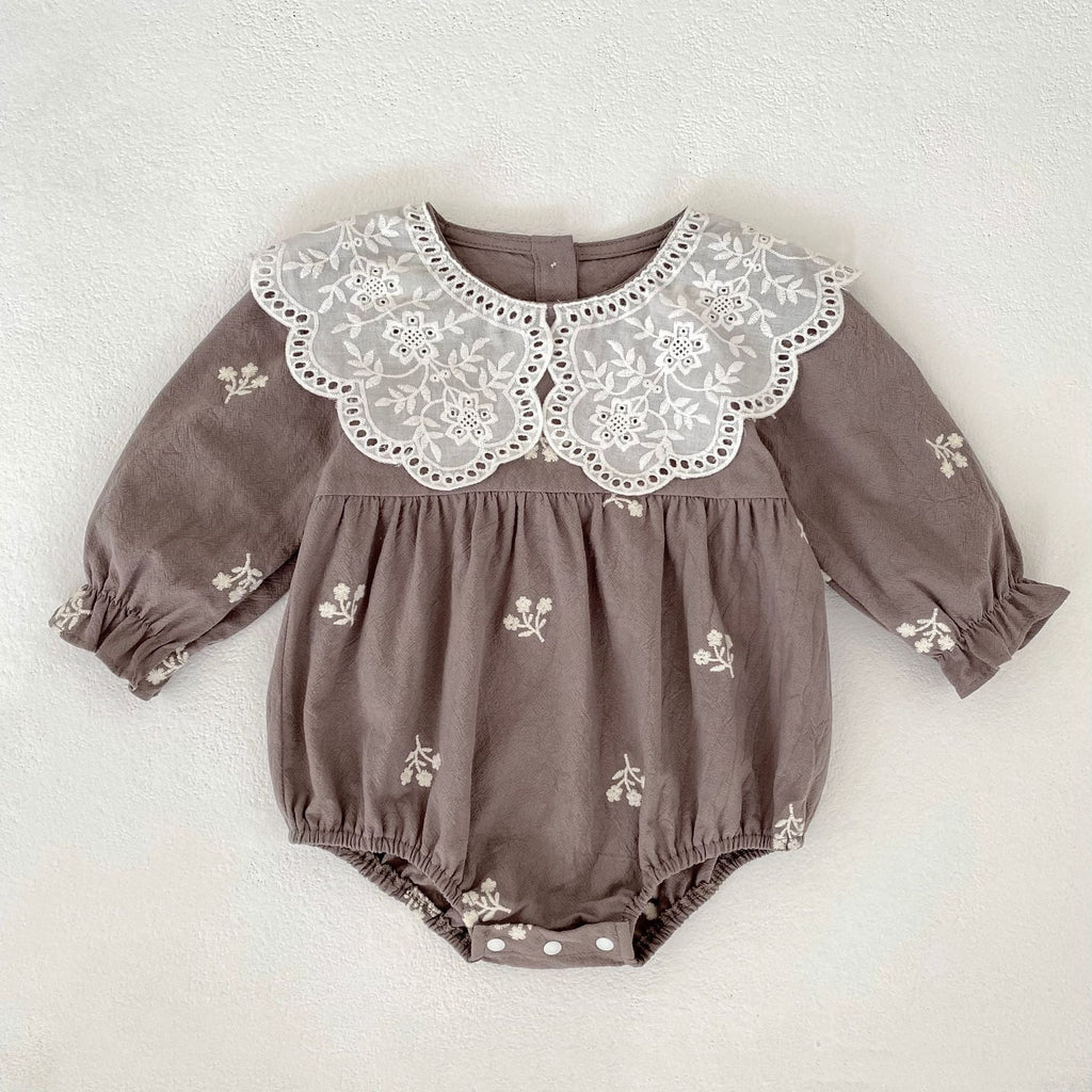 Girls Lace Romper With Long Sleeves And Embroidery