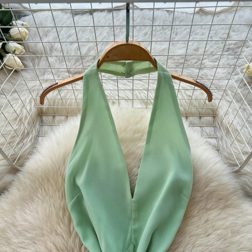 Halter Sleeveless Sexy Open-Back Dress – Summer Green High-Waist Slim-Fit Maxi, Bodycon Gown
