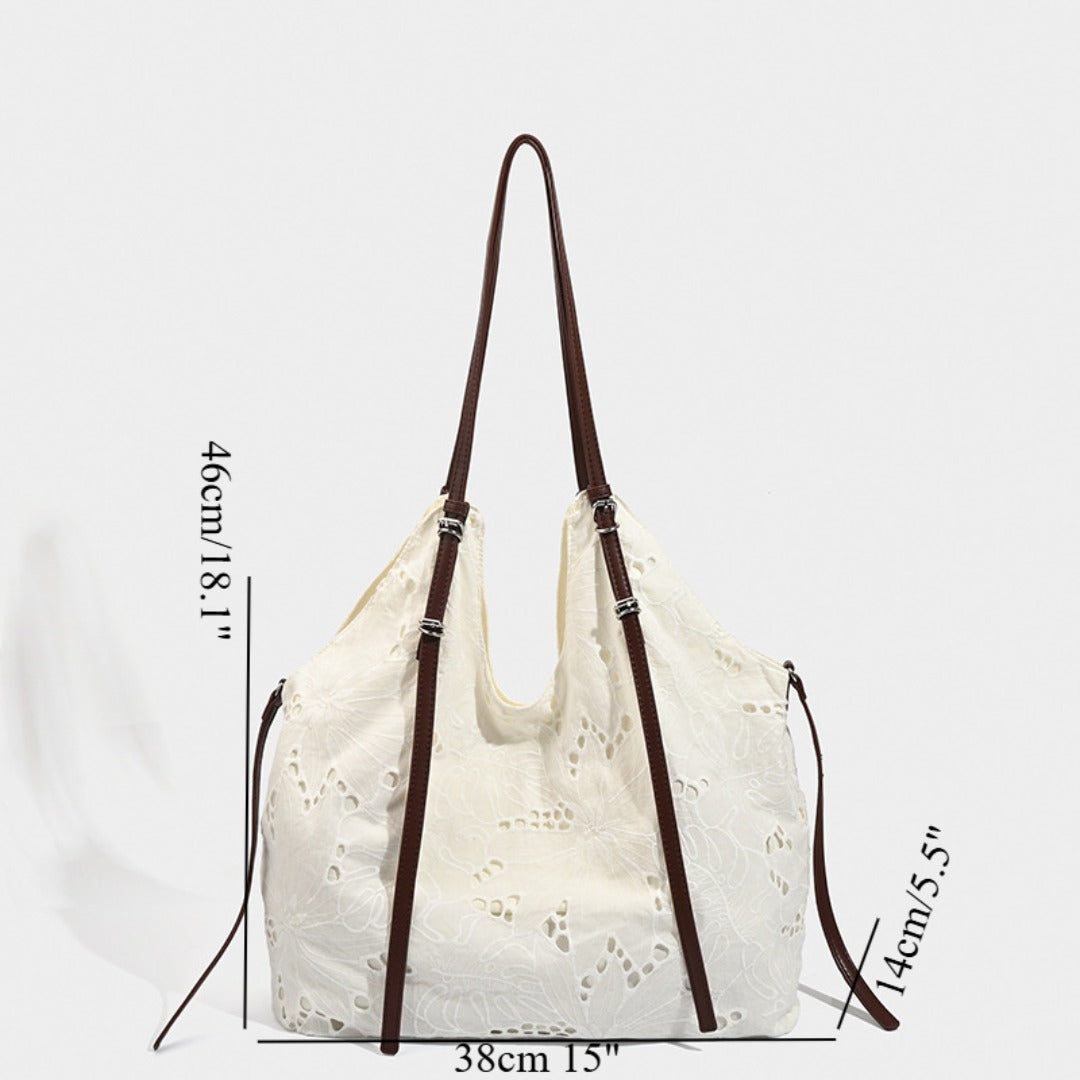White large capacity hobo purse, embroidered shoulder bag, tote bag, commuter shoulder bag