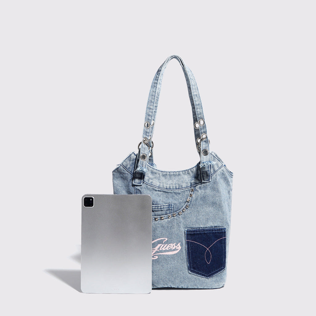 Washed denim shoulder bag, Spice girl sweet cool retro hobo bag, fashionable splicing shoulder bag, versatile hobo women's bag
