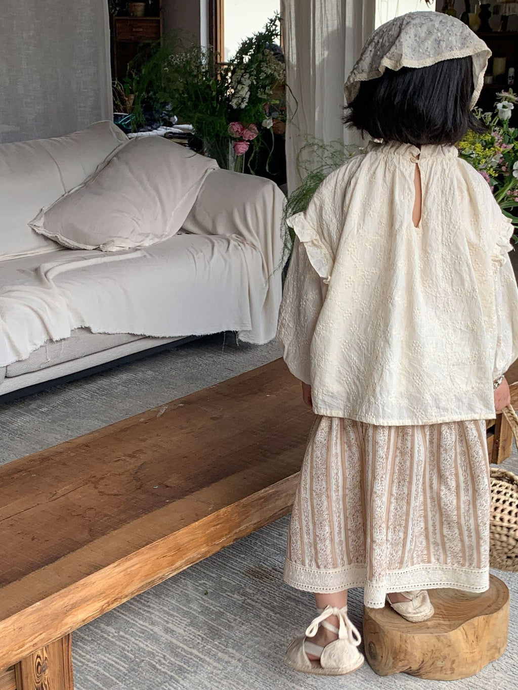 Girls' Top Puff Sleeve Floral Shirt Floral Waist Skirt