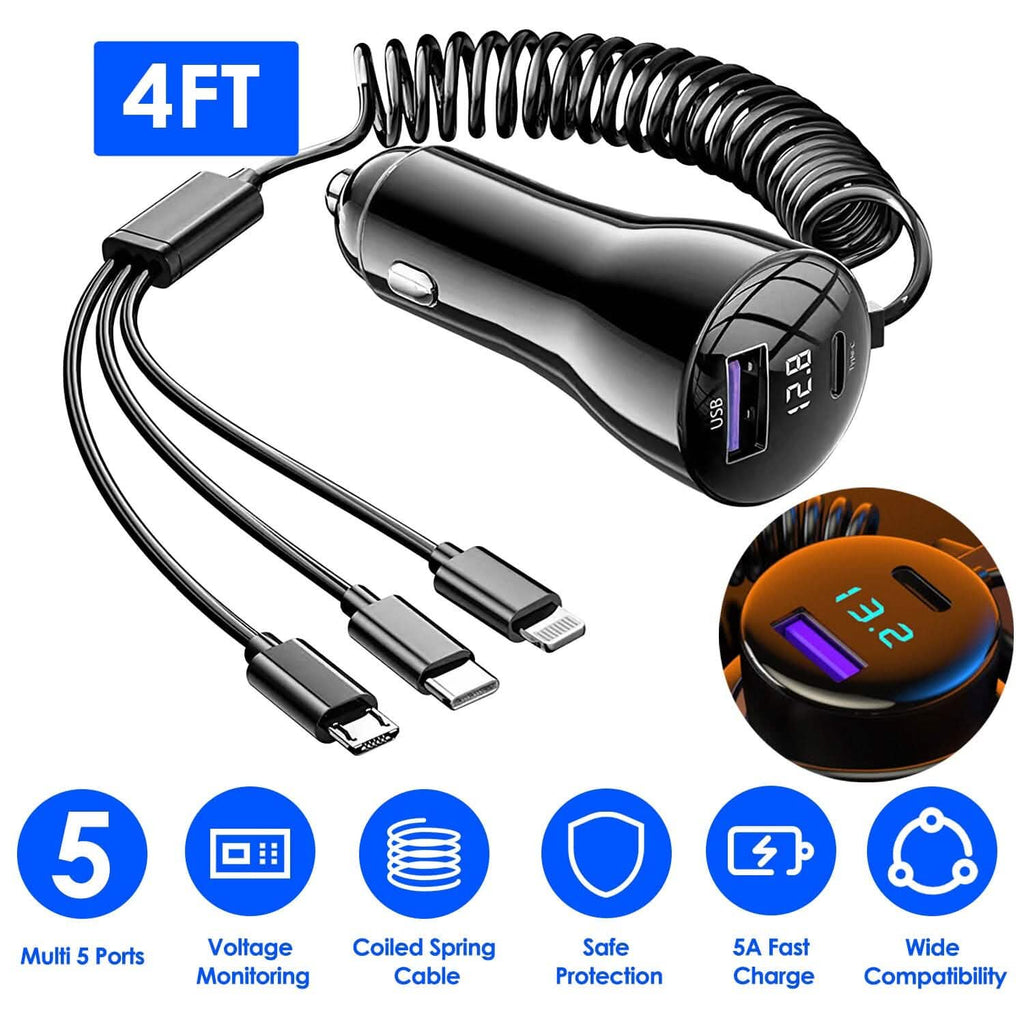 5-in-1 Fast Charge Car Charger QC PD USB Type C LT 5 Port with 4ft Coiled Cable