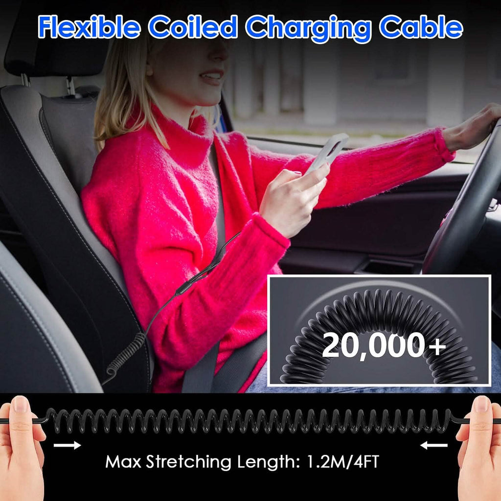 5-in-1 Fast Charge Car Charger QC PD USB Type C LT 5 Port with 4ft Coiled Cable