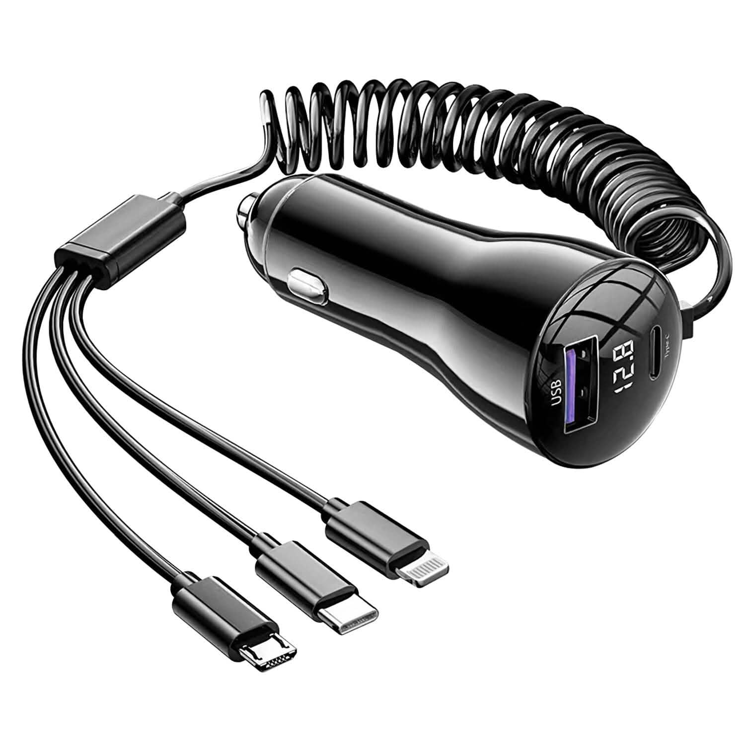 5-in-1 Fast Charge Car Charger QC PD USB Type C LT 5 Port with 4ft Coiled Cable