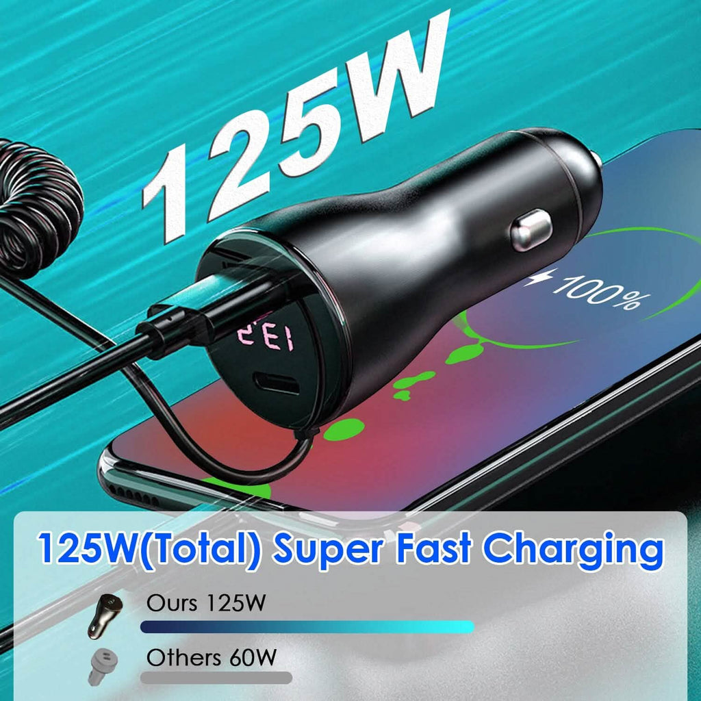 5-in-1 Fast Charge Car Charger QC PD USB Type C LT 5 Port with 4ft Coiled Cable