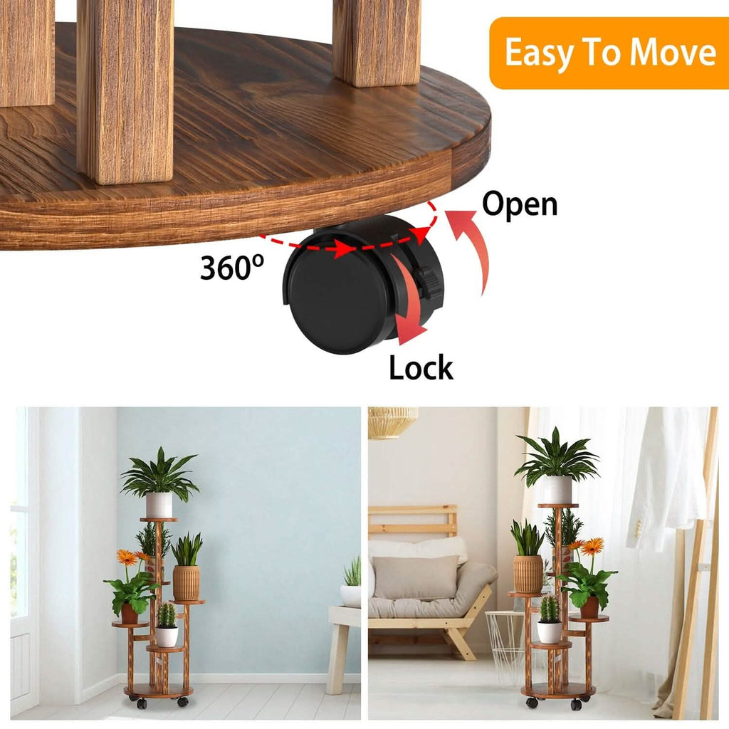 5-Tier Plant Stand with 4 Detachable Wheels Wooden Plant Pot Rolling Shelf
