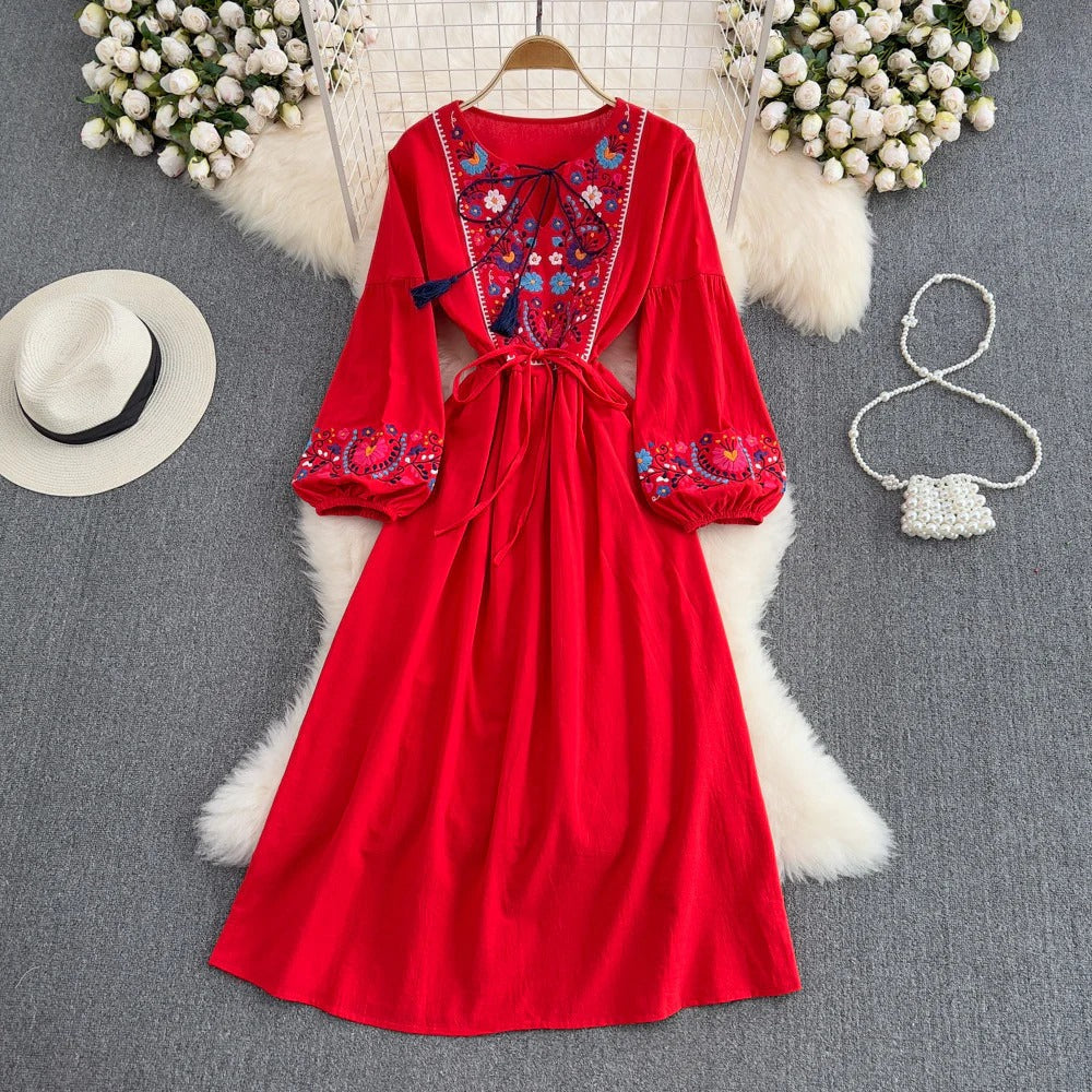 Bohemian Embroidery Fringe Tie-Waist Dress – Relaxed A-Line Maxi, Beach Vacation Flowing Gown